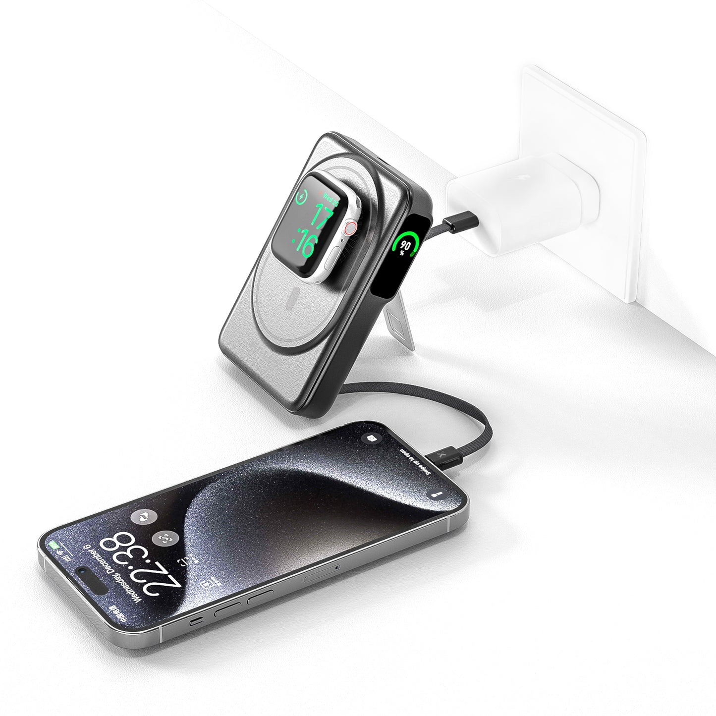HELIX 10,000mAh 5-in-1 MagSafe Power Bank – Built-in Cables, Apple Watch Charger, OLED Display & Kickstand HELIMAG-10
