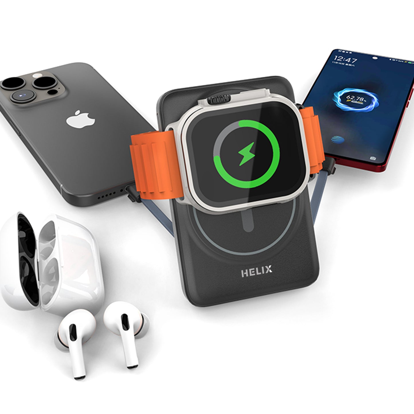 HELIX 10,000mAh 5-in-1 MagSafe Power Bank – Built-in Cables, Apple Watch Charger, OLED Display & Kickstand HELIMAG-10