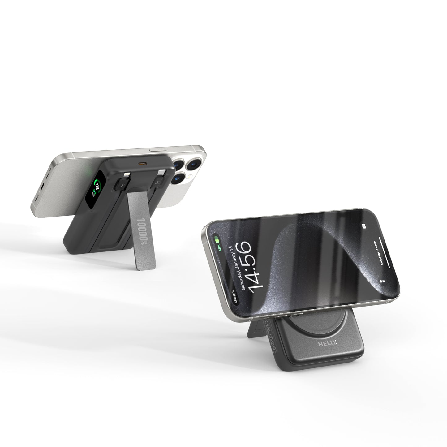 HELIX 10,000mAh 5-in-1 MagSafe Power Bank – Built-in Cables, Apple Watch Charger, OLED Display & Kickstand HELIMAG-10