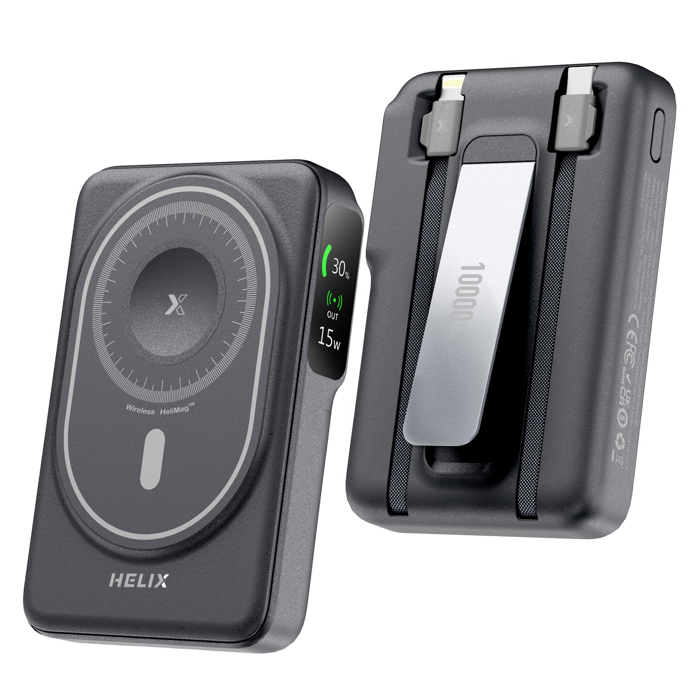 HELIX 10,000mAh 5-in-1 MagSafe Power Bank – Built-in Cables, Apple Watch Charger, OLED Display & Kickstand HELIMAG-10