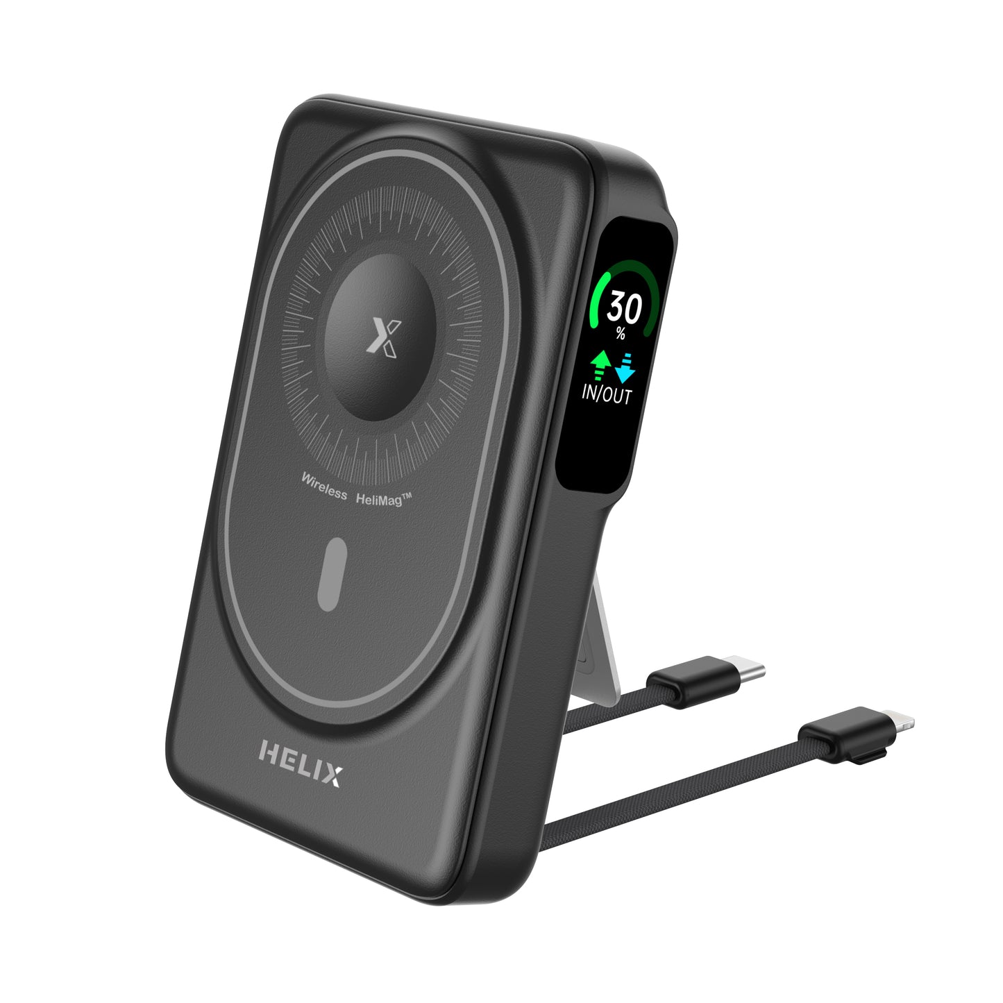 HELIX 10,000mAh 5-in-1 MagSafe Power Bank – Built-in Cables, Apple Watch Charger, OLED Display & Kickstand HELIMAG-10