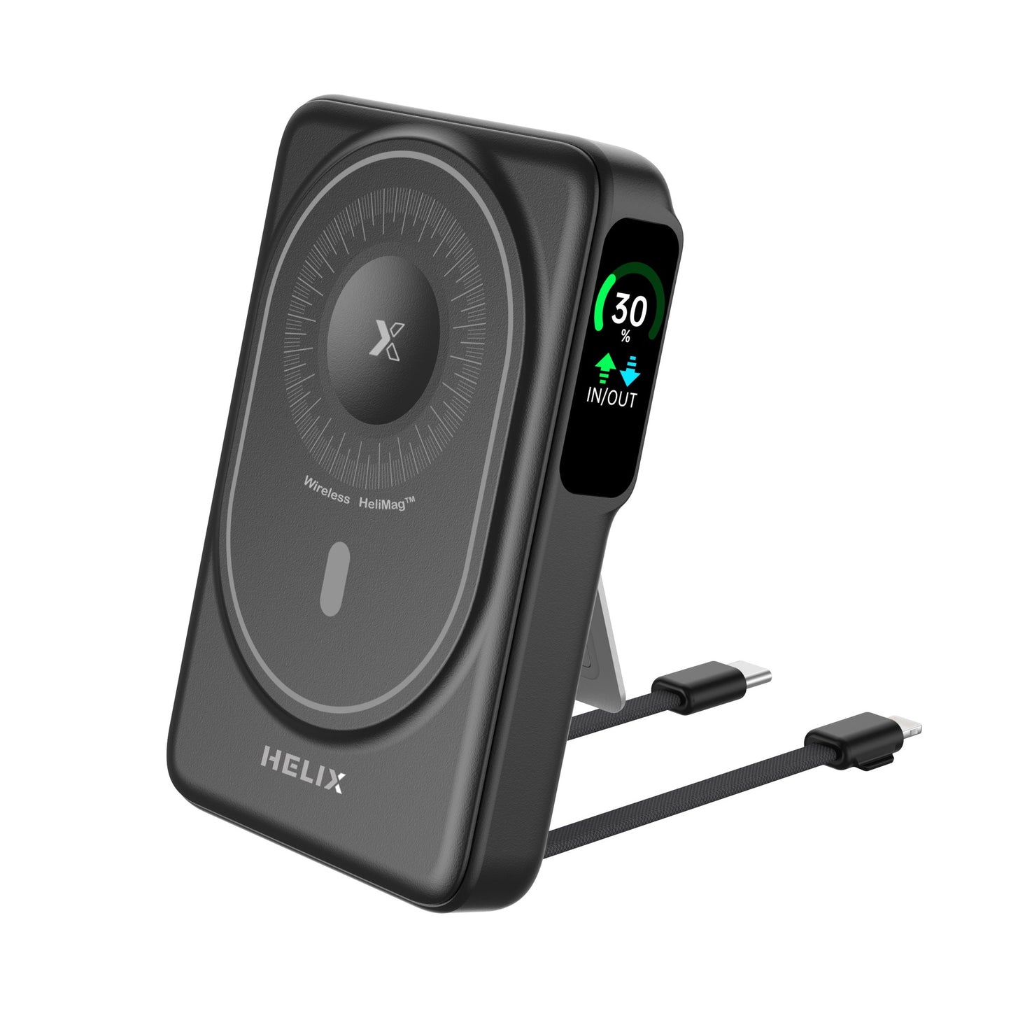 HELIX 10,000mAh 5-in-1 MagSafe Power Bank – Built-in Cables, Apple Watch Charger, OLED Display & Kickstand HELIMAG-10