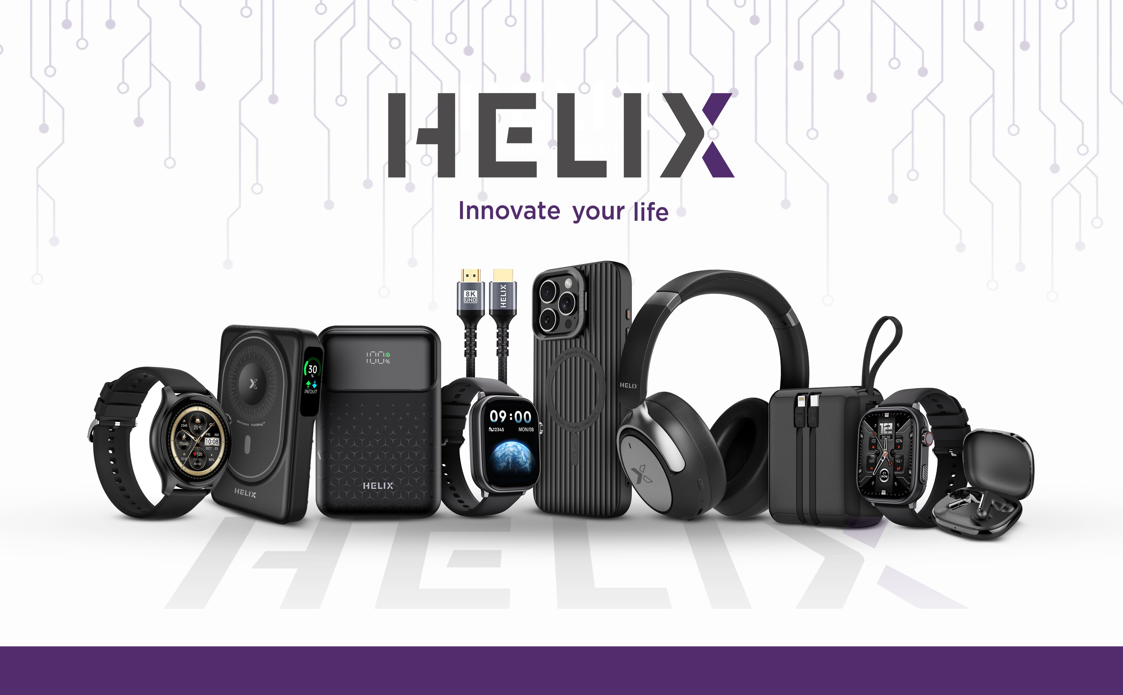 Helix technology products including phones, watches, and headphones on a white background with 'Helix' branding.