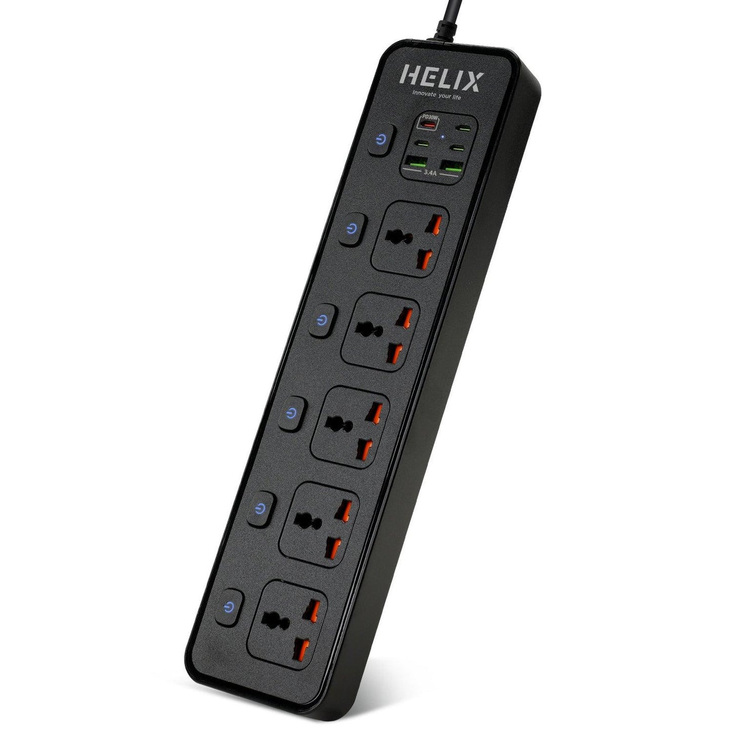 HELIX Wall Extension Socket with PD30 USB-C – 5 Sockets, 4 Type-C & 2 USB Ports, Fireproof Material, 2M Cable – 3250W Power HELISOCKET