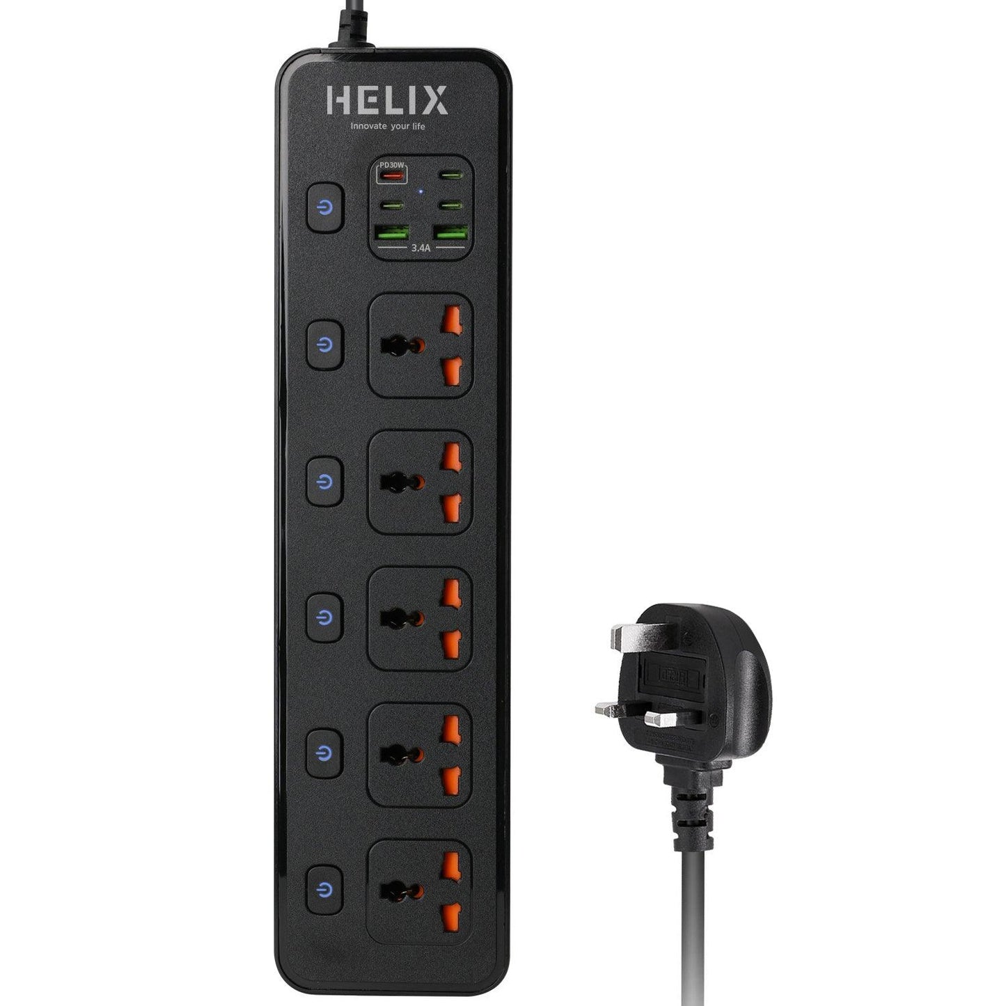 HELIX Wall Extension Socket with PD30 USB-C – 5 Sockets, 4 Type-C & 2 USB Ports, Fireproof Material, 2M Cable – 3250W Power HELISOCKET