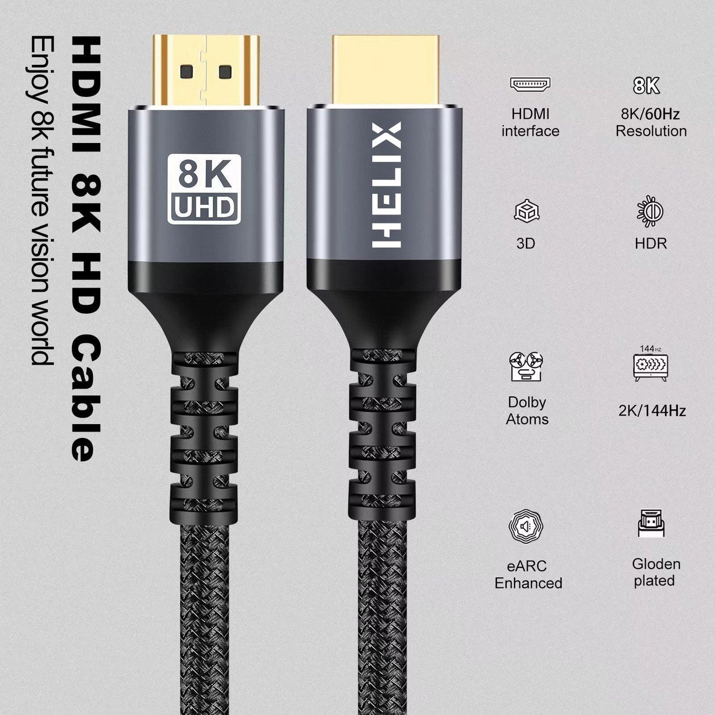 HELIX 8K UHD HDMI Cable 2M – Premium Nylon Braided, Supports 3D, Dolby Atmos & HDR – HELI-HD8K