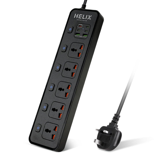 HELIX Wall Extension Socket with PD30 USB-C – 5 Sockets, 4 Type-C & 2 USB Ports, Fireproof Material, 2M Cable – 3250W Power HELISOCKET