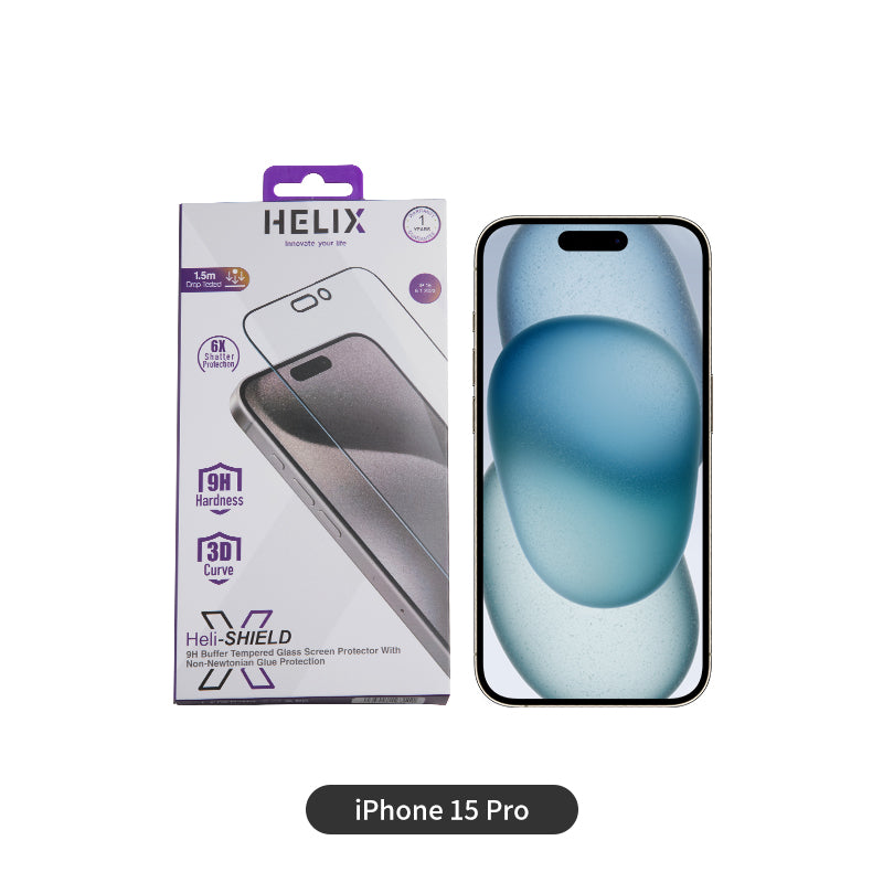HELIX Buffer Clear Screen Protector Tempered Glass For IPhone 15 Pro 6HELIX BUFFER Clear Screen Protector For iPhone 15 Pro 6.1’’ - HELISHELID-15PROInnovative Non-Newtonian Technology:- Incorporates state-of-the-art non-Newtonian technScreen protectorHELIXHELIX