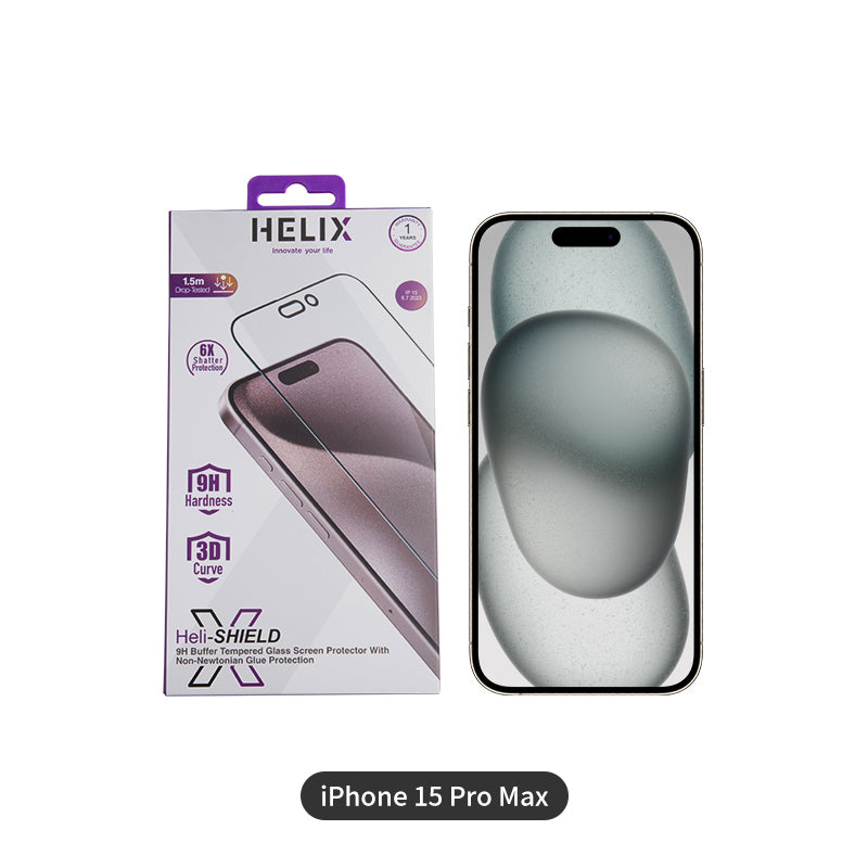 HELIX Buffer Clear Screen Protector Tempered Glass For IPhone 15 Pro MHELIX BUFFER Clear Screen Protector For iPhone 15 Pro Max 6.7’’ - HELISHELID-15PROMAX Non-Newtonian Technology:- Cutting-edge technology provides advanced screen proScreen protectorHELIXHELIX