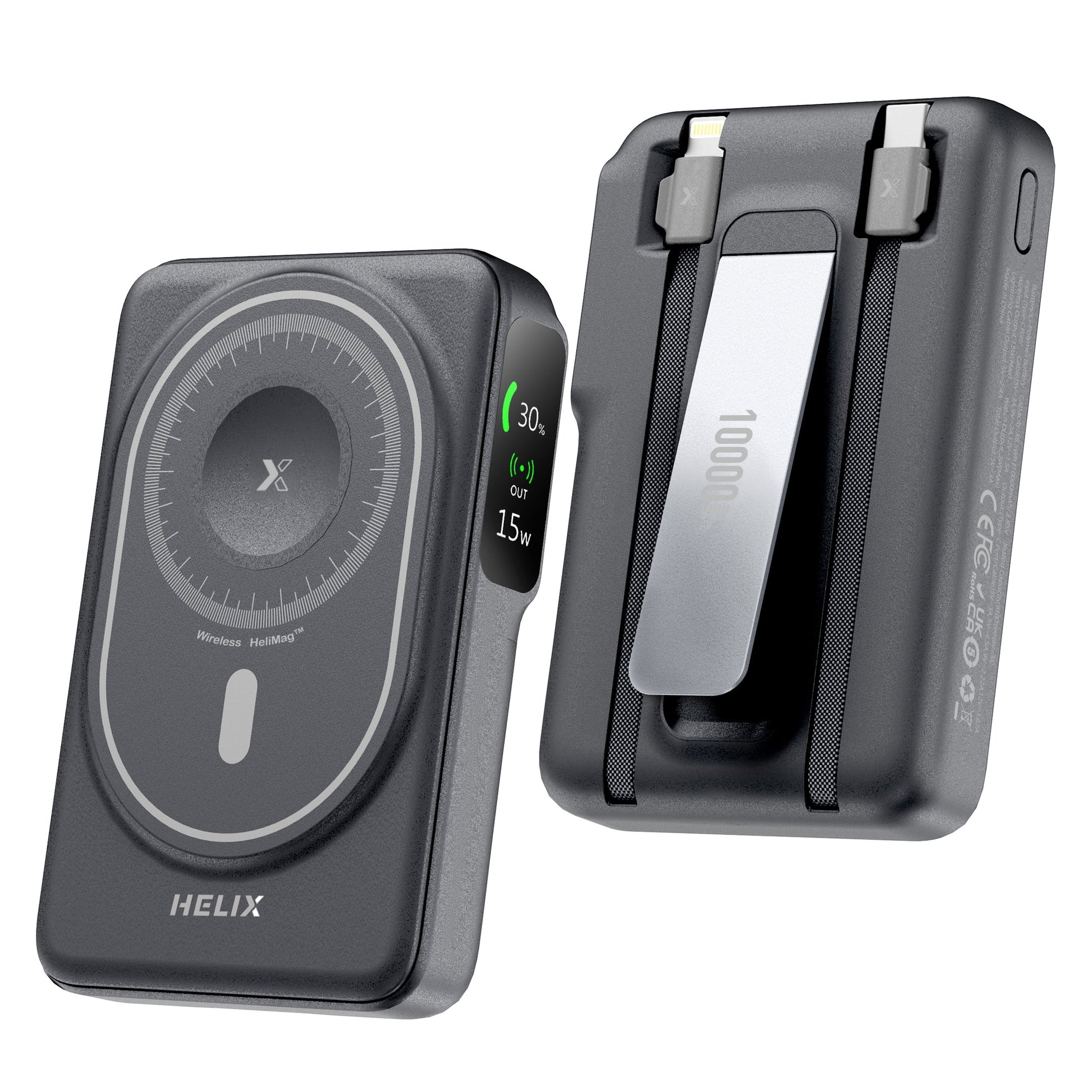 HELIX 10,000mAh 5-in-1 MagSafe Power Bank – Built-in Cables, Apple Watch Charger, OLED Display & Kickstand HELIMAG-10