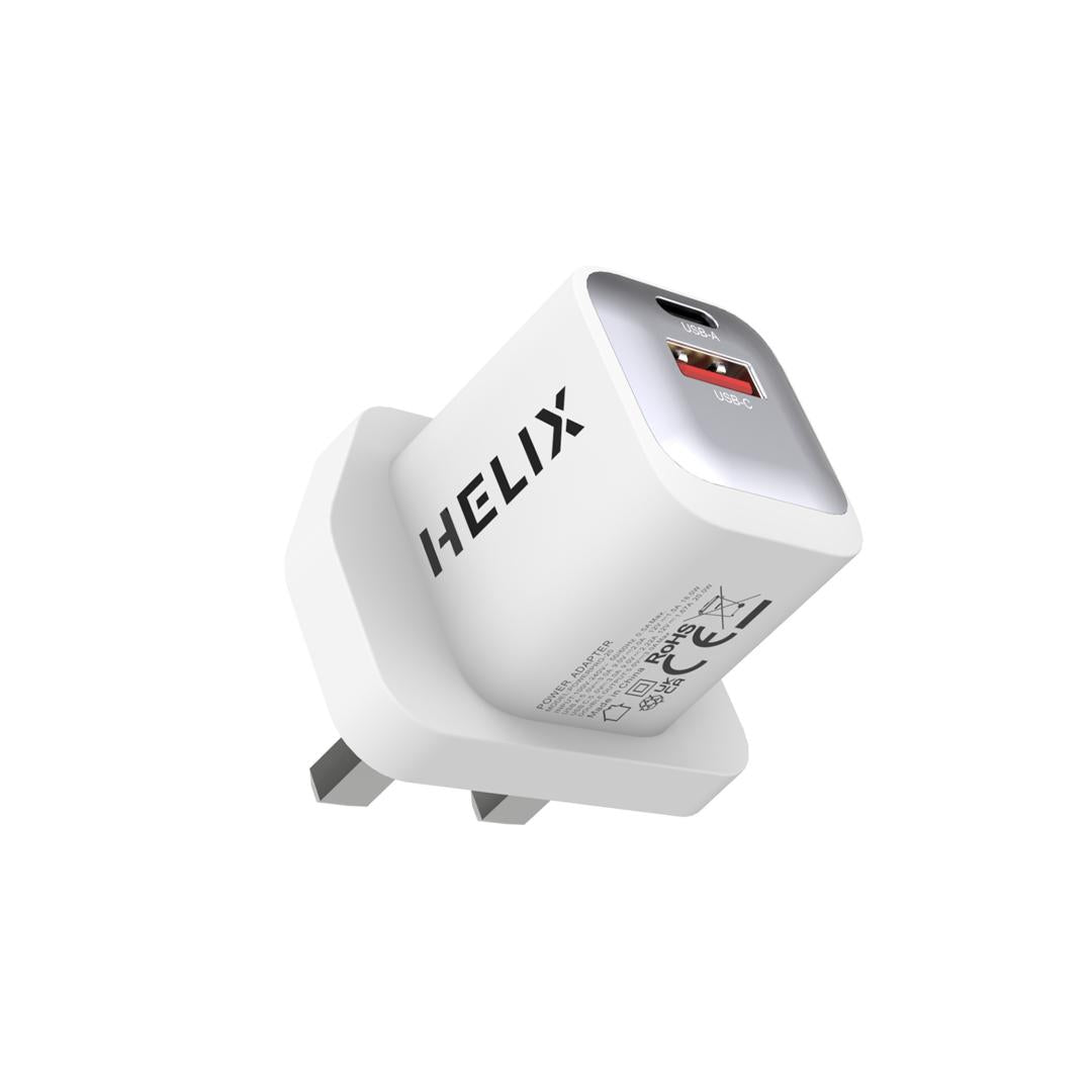 HELIX 20W Ultra Fast Compact Duo Port PD USB-C & QC USB-A Wall Charger - POWERPRO-20