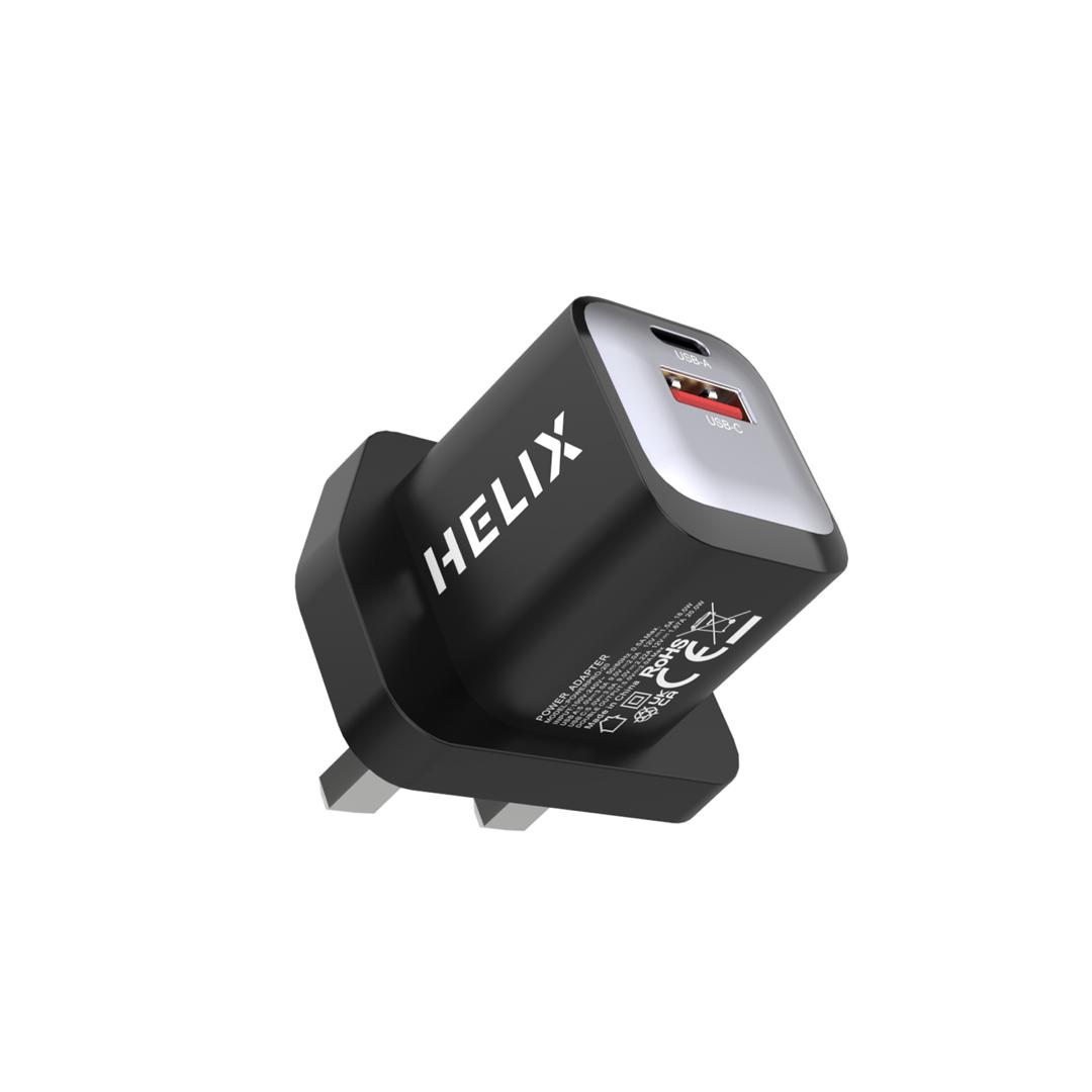 HELIX 20W Ultra Fast Compact Duo Port PD USB-C & QC USB-A Wall Charger - POWERPRO-20